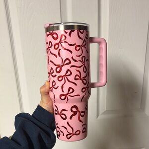 Pink Bow Patterned Travel Tumbler with Handle
